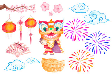 Chinese New Year Watercolor dragon character, lanterns, clouds, fireworks, hand fan, cherry blossom, wealth bowl