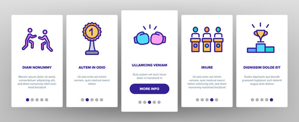 Contest Sport Activity Onboarding Mobile App Page Screen Vector. Box And Run, Arm Wrestling And Tug Of War Contest, Champion Cup, Medal And Award Illustrations