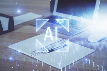 Double exposure of computer and technology theme hologram. Concept of freelance work.