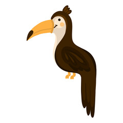 Vector Illustration Cute Toucan Bird Isolated White Cartoon Hand Drawn Flat A funny bird with a large yellow nose. Exotic jungle bird.Beautiful bird for printing on clothes, stationery for children