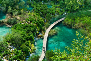 Wooden path in the Plitvice lake in park