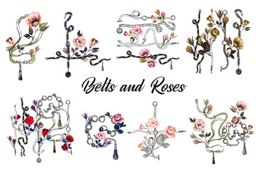 Belt ans roses elements set. Fashion designs. Vintage floral sketch illustrations on white background. Baroque fabric design