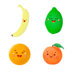 Illustration, funny fruits. Lime, banana, peach, orange.
Games, postcards, children's, cards,
