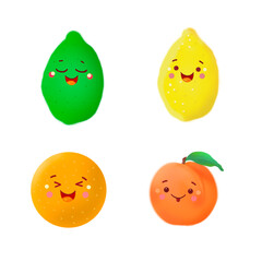 Illustration, funny fruits. Lime, Lemon, Peach, Orange.