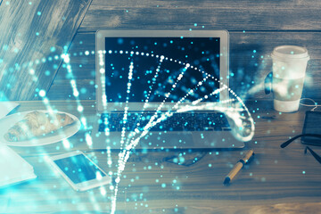 Desktop computer background and DNA drawing. Double exposure. Science concept.