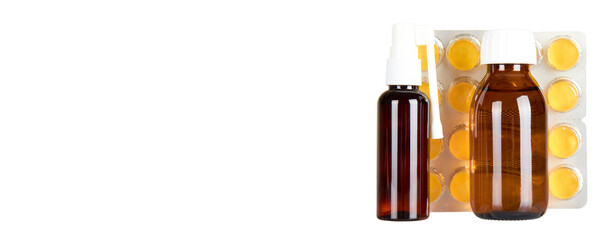 Throat ache pills in bister, spray and syrup, isolated on white background. Copy space template,...