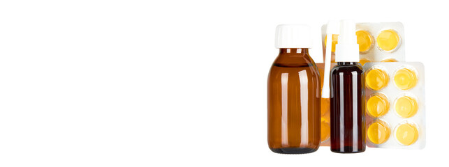 Throat ache pills in bister, spray and syrup, isolated on white background. Copy space template,...