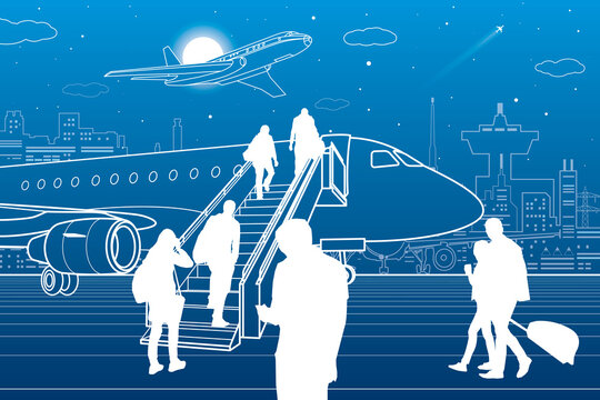 Passengers board the plane. Contour transport illustration. City airport infrastructure. Vector design art