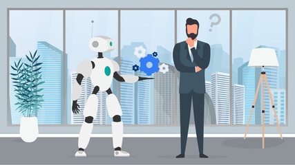 The robot offers a solution. Businessman with a question. People and robots teamwork concept. Vector.
