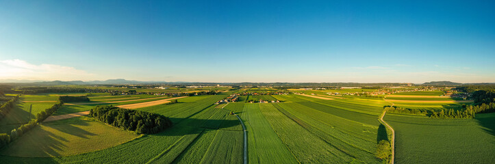 Aerial panorama view of countryside on sunny summer day in Styria , Austria.