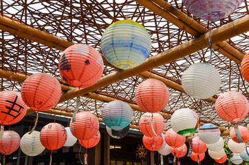 Yunlin, Taiwan - AGU 02, 2019: Many lantern hanging outdoors in Xiluo old street.
