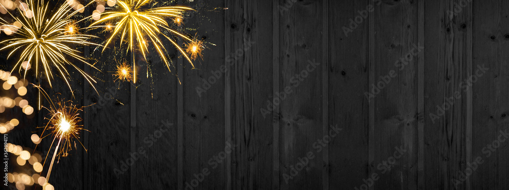 Wall mural silvester fireworks new year party 2025 background banner panorama long- golden sparklers, firework 