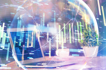 Multi exposure of business theme icons and table with computer background. Concept of success.