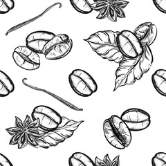 Detailed hand drawn black and white seamless pattern of coffee grain, leaf, vanilla. sketch. Vector in graphic style label, card, sticker, menu, package.