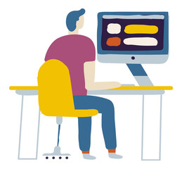 Guy Programmer, web designer. Man working on computer. Freelancer. Flat Vector illustration isolated on white
