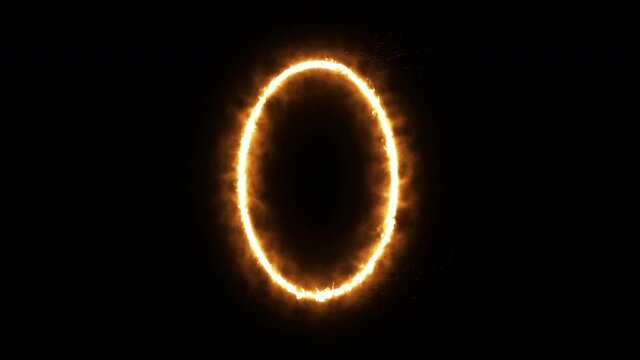 An empty frame with a fiery border glows, burns with flame. Ellipse frame animated background. 3D rendering.