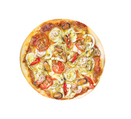 Pizza seafood spicy top view isolated on white background , clipping path