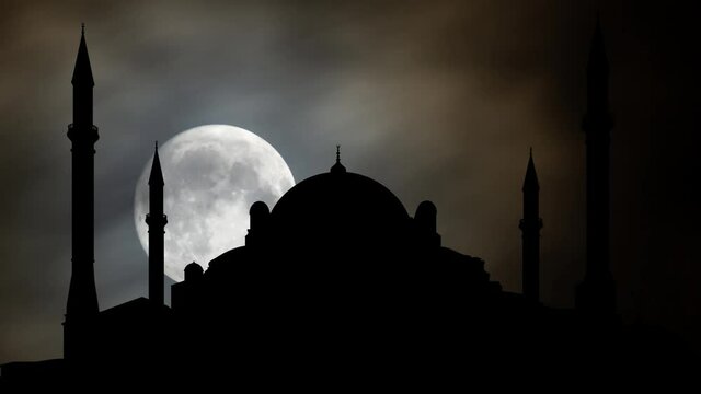 Hagia Sophia Mosque in Istanbul, Time Lapse by Night with Full Moon,Turkey