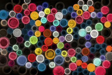 Recycled Multicolored Plastic Bottle Caps on black background