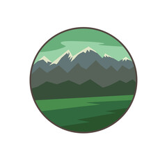 Abstract mountain landscape in round frame on white isolated background, vector illustration for making logos, prints on clothes, notebooks, also possible as an original art or an element of design.