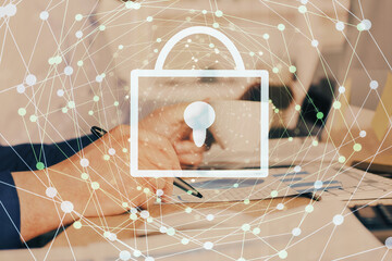 Man hands writing. With double exposure drawings.