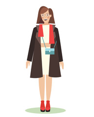 vector portrait of a standing girl in a coat.young smiling brunette woman with bob cut.isolated on white background.For web,graphic,design.