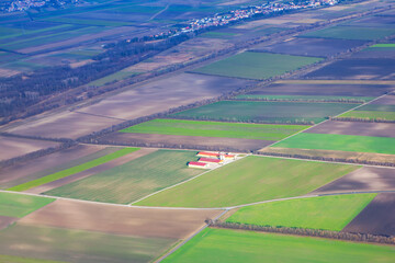Grain storage and agricultural plains view from above 