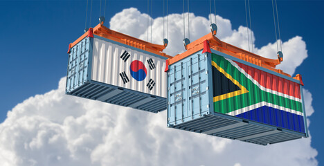 Freight containers with South Africa and South Korea flag. 3D Rendering 