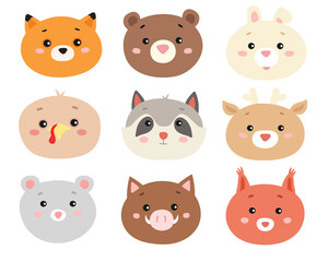  vector set of faces of funny forest animals. isolated on white background.collection heads of cute animals.cartoon and flat style.for web,graphic,design.