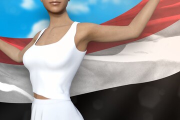 pretty lady holds Yemen flag in hands behind her back on the cloudy sky background - flag concept 3d illustration