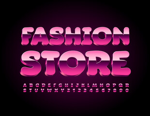Vector trendy banner Fashion Store. Pink Metal Font. Glossy glamour Alphabet Letters and Numbers