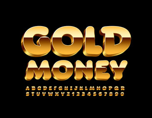 Vector shiny sign Gold Money. Luxury 3D Font. Glossy exclusive Alphabet Letters and Numbers
