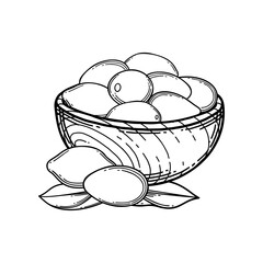 Graphic wooden bowl with dry goji berries inside.