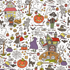 Happy Halloween. Vector Seamless pattern of Hand Drawn Doodle Cute Children in Halloween Costumes and various halloween night holiday design elements
