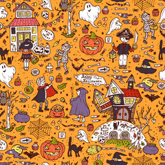 Happy Halloween. Vector Seamless pattern of Hand Drawn Doodle Cute Children in Halloween Costumes and various halloween night holiday design elements
