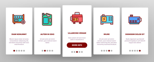 Portable Generator Onboarding Mobile App Page Screen Vector. Generator Equipment For Generating Electricity, Fuel Bottle Package And Electrical Cord Illustrations