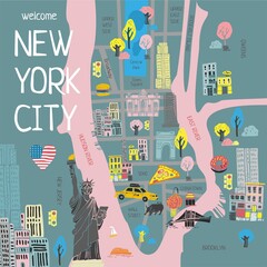 Color stylized tourist map of new York drawn by hand for travel guides and cards. Banner about traveling in the city of America. Decorative poster for room. Cute cartoon vector illustration.
