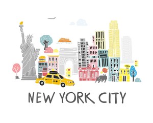 Decorative landscape of new York city with symbols drawn by hand on a white background. Handwritten inscription New York city. Postcard, banner, guide for tourists. Flat cartoon vector illustration