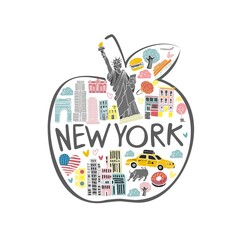 Decorative symbols of New York drawn by hand in pastel colors inscribed in the shape of an apple. Banner, greeting card, printing on souvenir production. Flat cartoon cute vector illustration