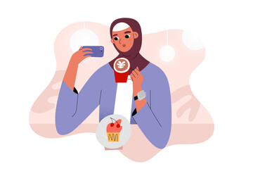 Arab girl in cafe taking a selfie with coffee mug, sitting at coffee shop table with dessert, female blogger taking photos, vector illustration, cartoon character