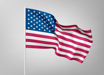 Flags of United States of America on white steel poles isolated on white background. National symbol of USA, silk waving banner with red and white stripes, with stars on blue color. Vector 3d