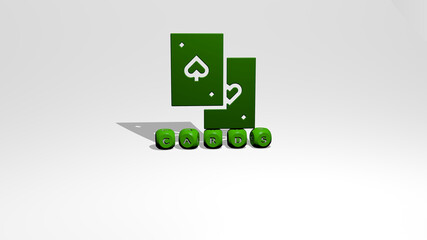 3D graphical image of cards vertically along with text built by metallic cubic letters from the top perspective, excellent for the concept presentation and slideshows. illustration and background