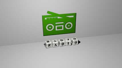 Obraz premium 3D representation of radio with icon on the wall and text arranged by metallic cubic letters on a mirror floor for concept meaning and slideshow presentation. illustration and background