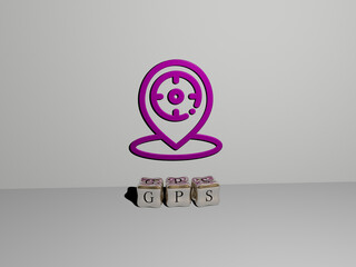 3D representation of gps with icon on the wall and text arranged by metallic cubic letters on a mirror floor for concept meaning and slideshow presentation. illustration and map