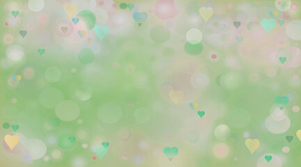 Pastel pink and green green blurred background with bokeh and transparent hearts