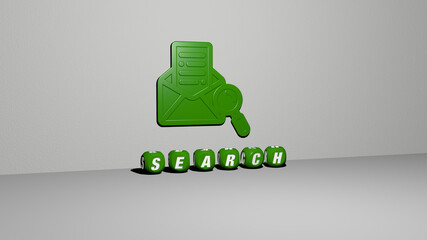 3D representation of SEARCH with icon on the wall and text arranged by metallic cubic letters on a mirror floor for concept meaning and slideshow presentation. illustration and business