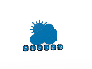 3D illustration of clouds graphics and text made by metallic dice letters for the related meanings of the concept and presentations. blue and background