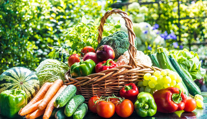 Variety of fresh organic vegetables and fruits in the garden