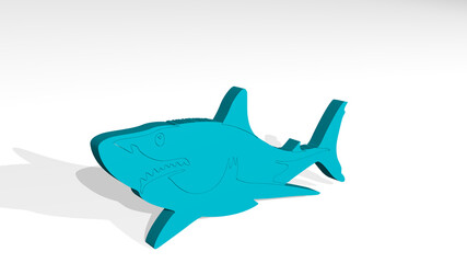 Fototapeta premium shark from a perspective on the wall. A thick sculpture made of metallic materials of 3D rendering. illustration and animal