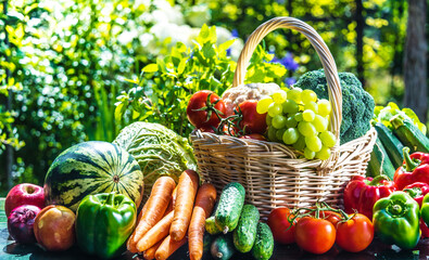 Variety of fresh organic vegetables and fruits in the garden